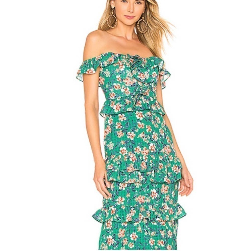 Tularosa Kelly Green Floral Ruffle Gingham Tiered Back Zip Lily Dress Women S